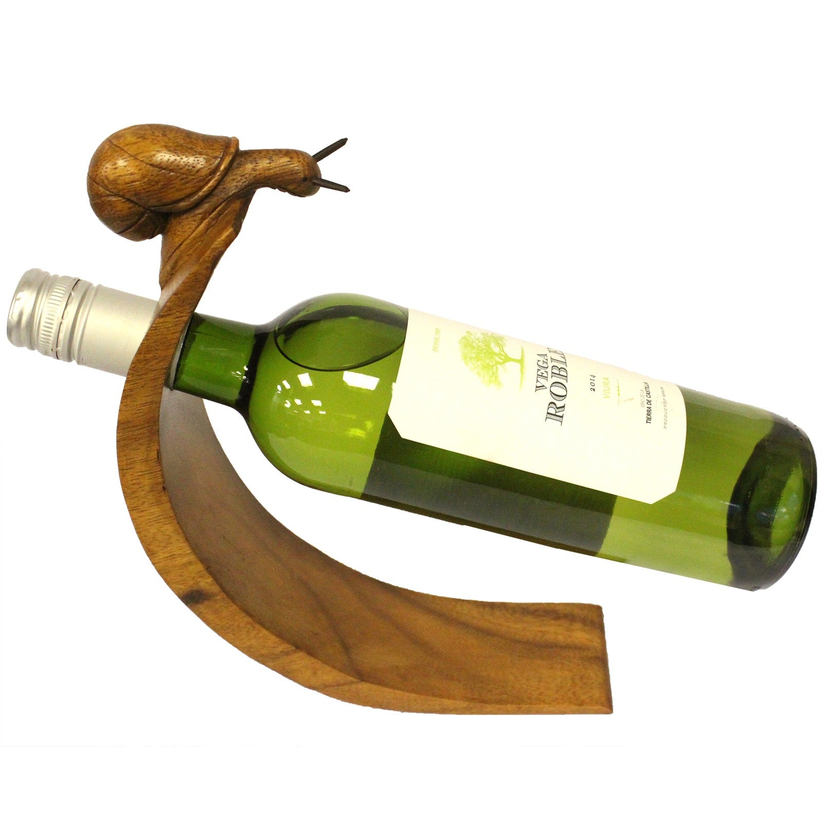 Snail shaped wooden wine holder with a central hole, eco-resin finish. side angle view