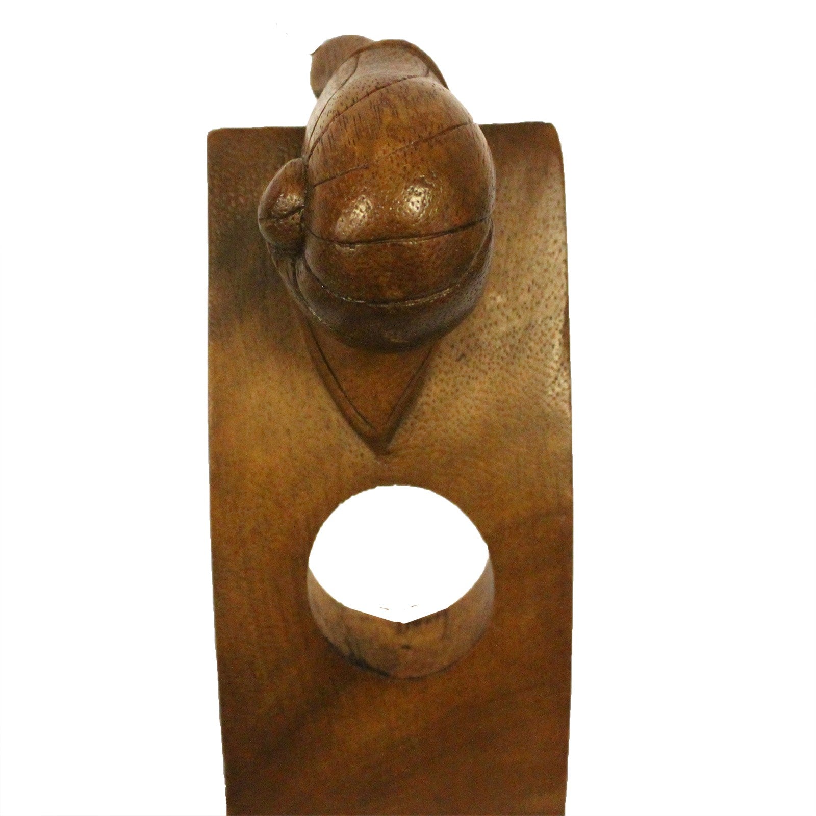 snail shaped wooden wine holder with a central hole, eco-resin finish. back close up