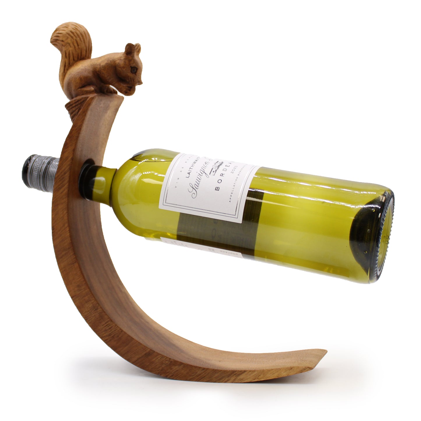 Squirrel figure clutching wine bottle, carved from natural wood, decorative and functional.