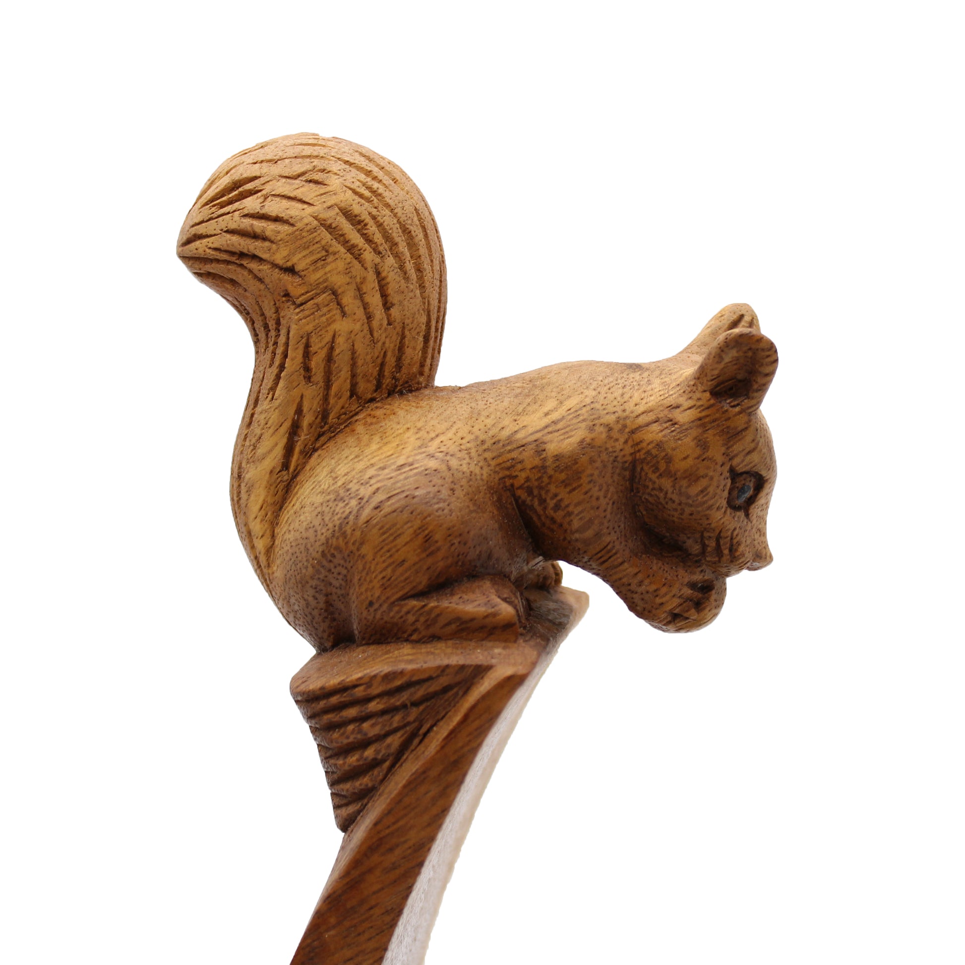 Squirrel figure clutching wine bottle, carved from natural wood, decorative and functional Close up