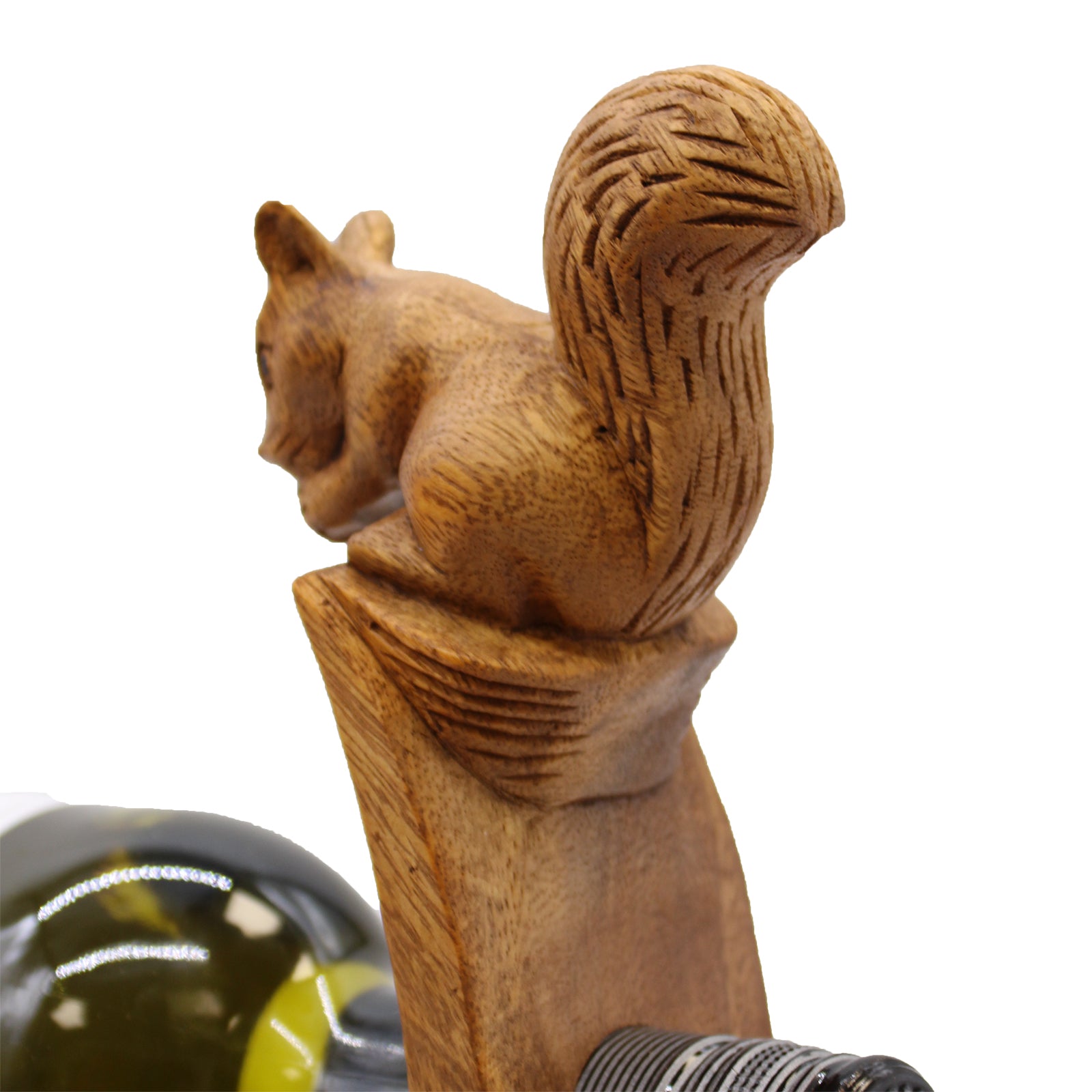 Squirrel figure clutching wine bottle, carved from natural wood, decorative and functional. back close up