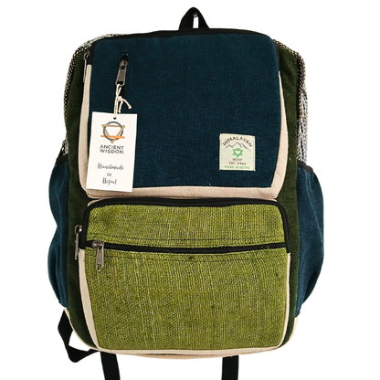 Front view of teal and sage boxy hemp backpack with green front pocket and Ancient Wisdom tag
