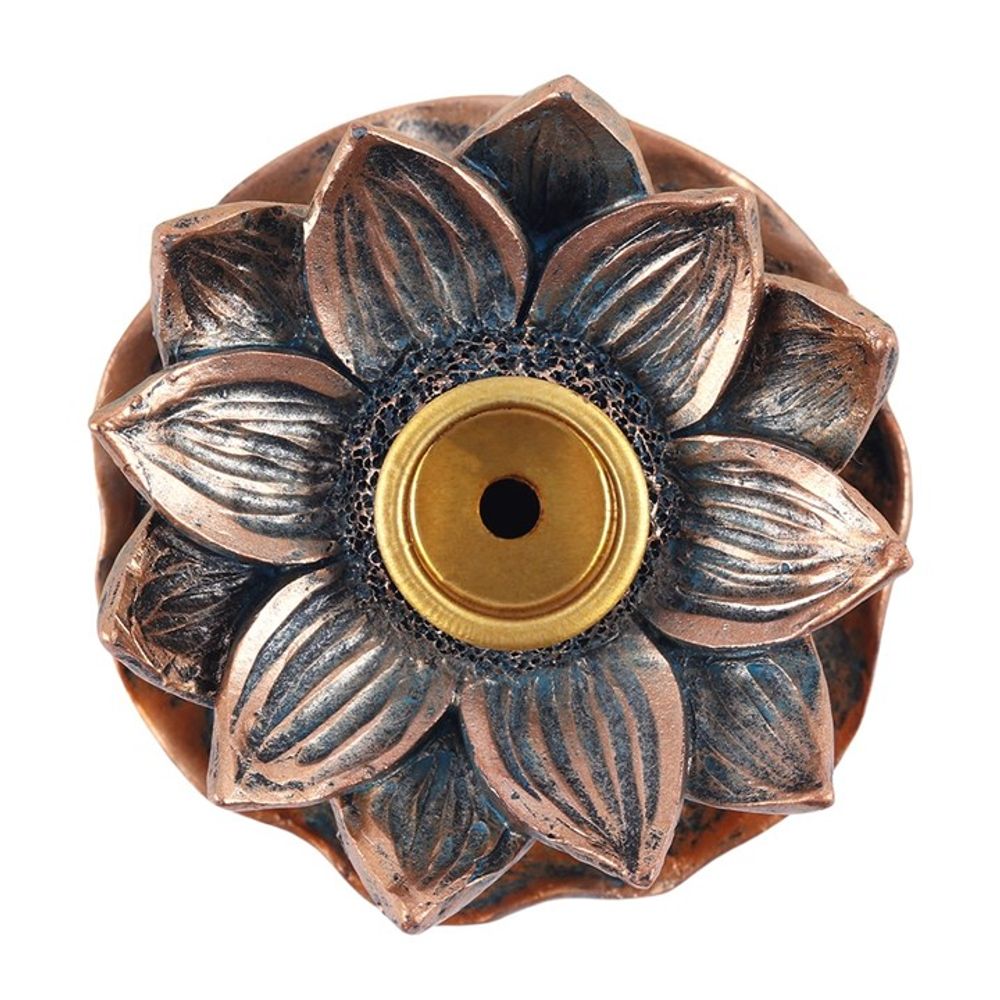 Overhead view of the bronze lotus incense burner showing the flower-like structure designed for backflow smoke flow and charcoal use.