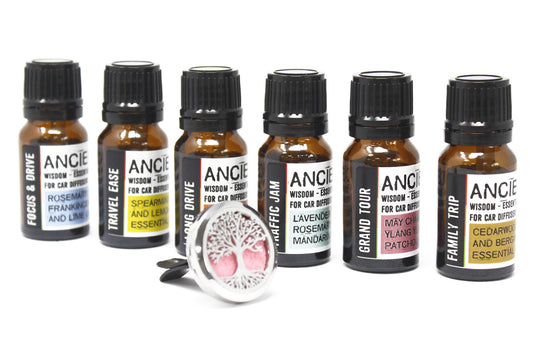 Flat lay of six Ancient Wisdom essential oil bottles arranged in a semi-circle with a silver diffuser pendant and pink felt pads in the center.