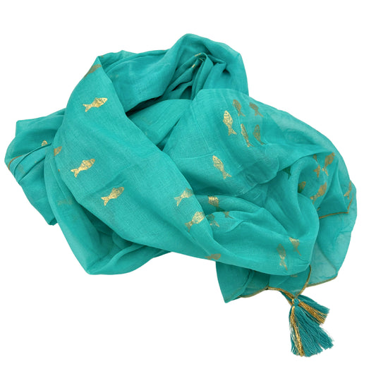 Turquoise cotton pario with hand-painted gold fish design and tassel accents, soft and folded