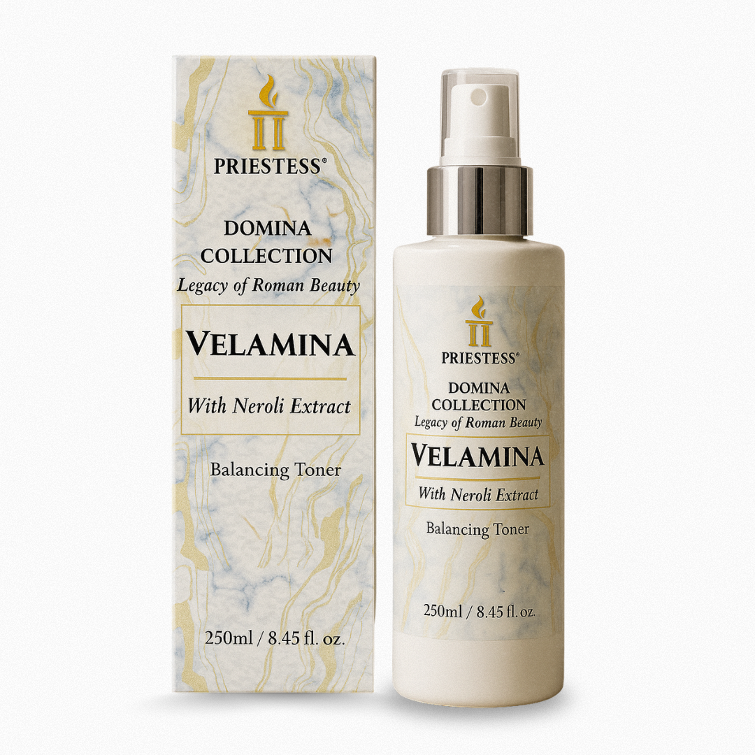 Priestess Velamina Balancing Toner bottle and packaging on a white background