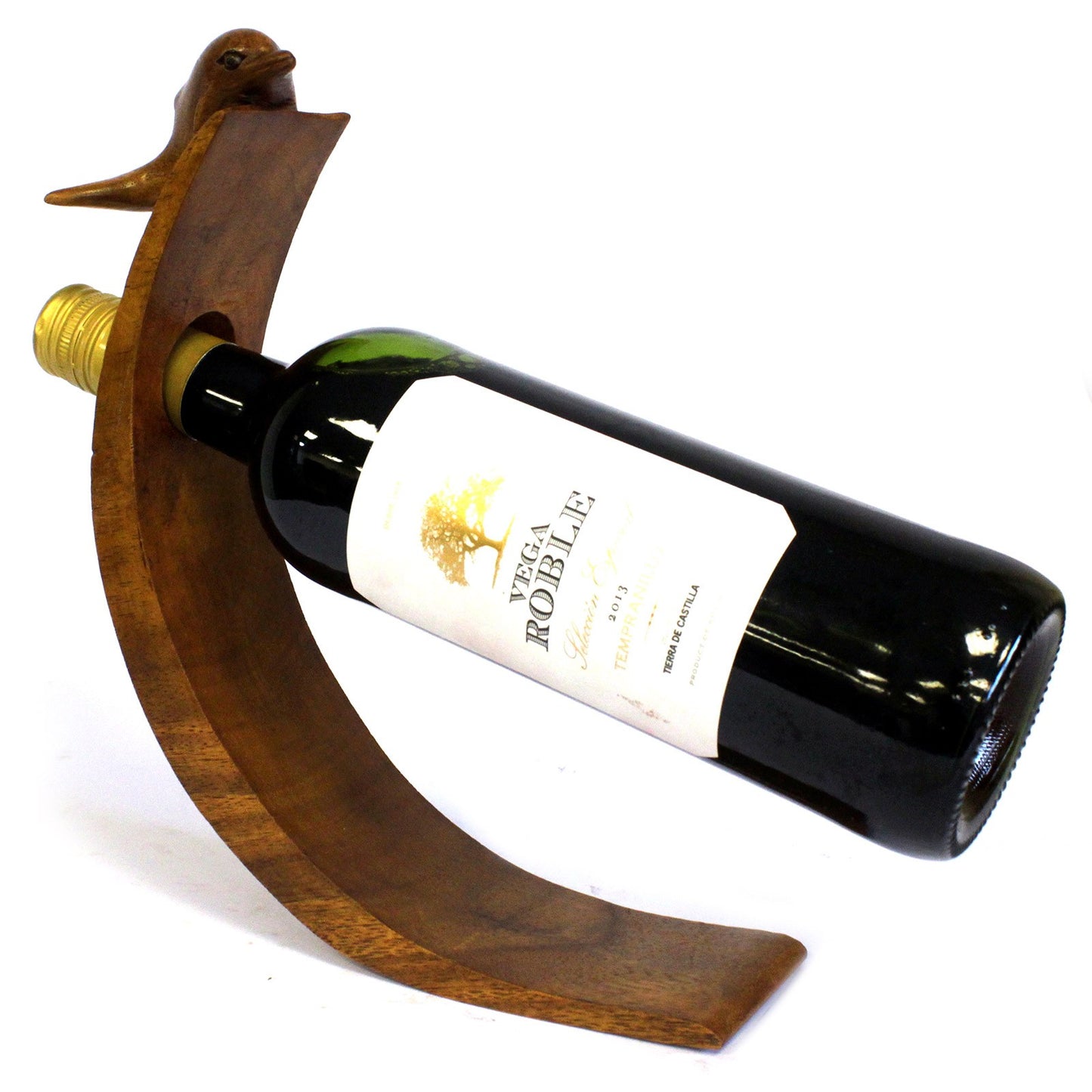 Hand-carved wooden Dolphin balance wine holder with wine bottle on curved base