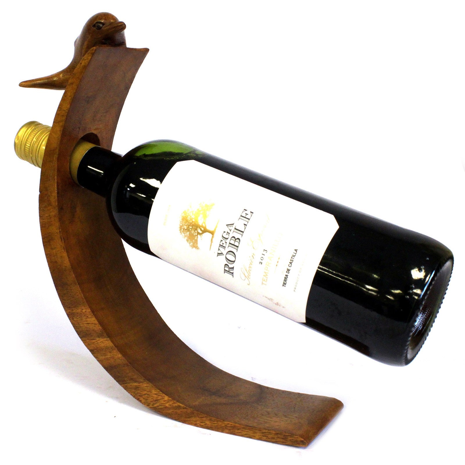 Hand-carved wooden Dolphin balance wine holder with wine bottle on curved base