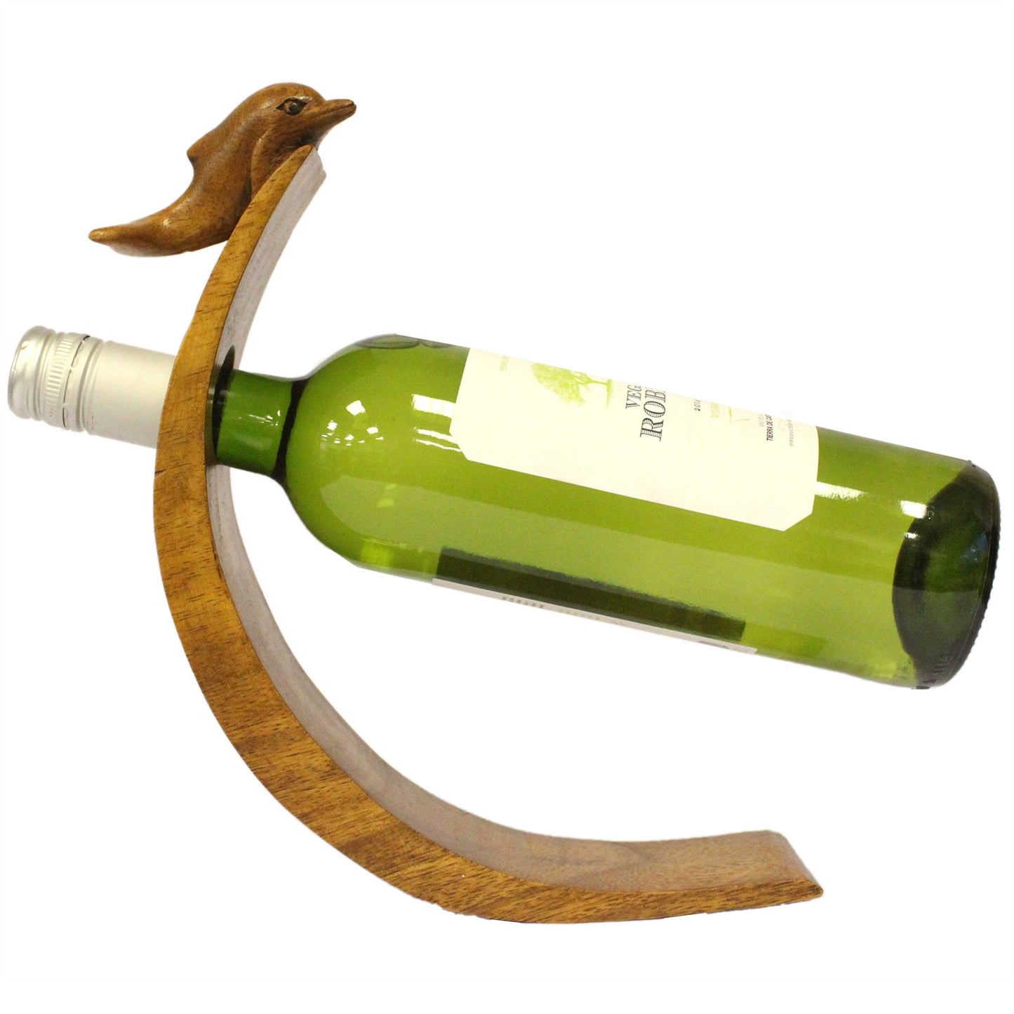 Hand-carved wooden Dolphin balance wine holder with wine bottle on curved base