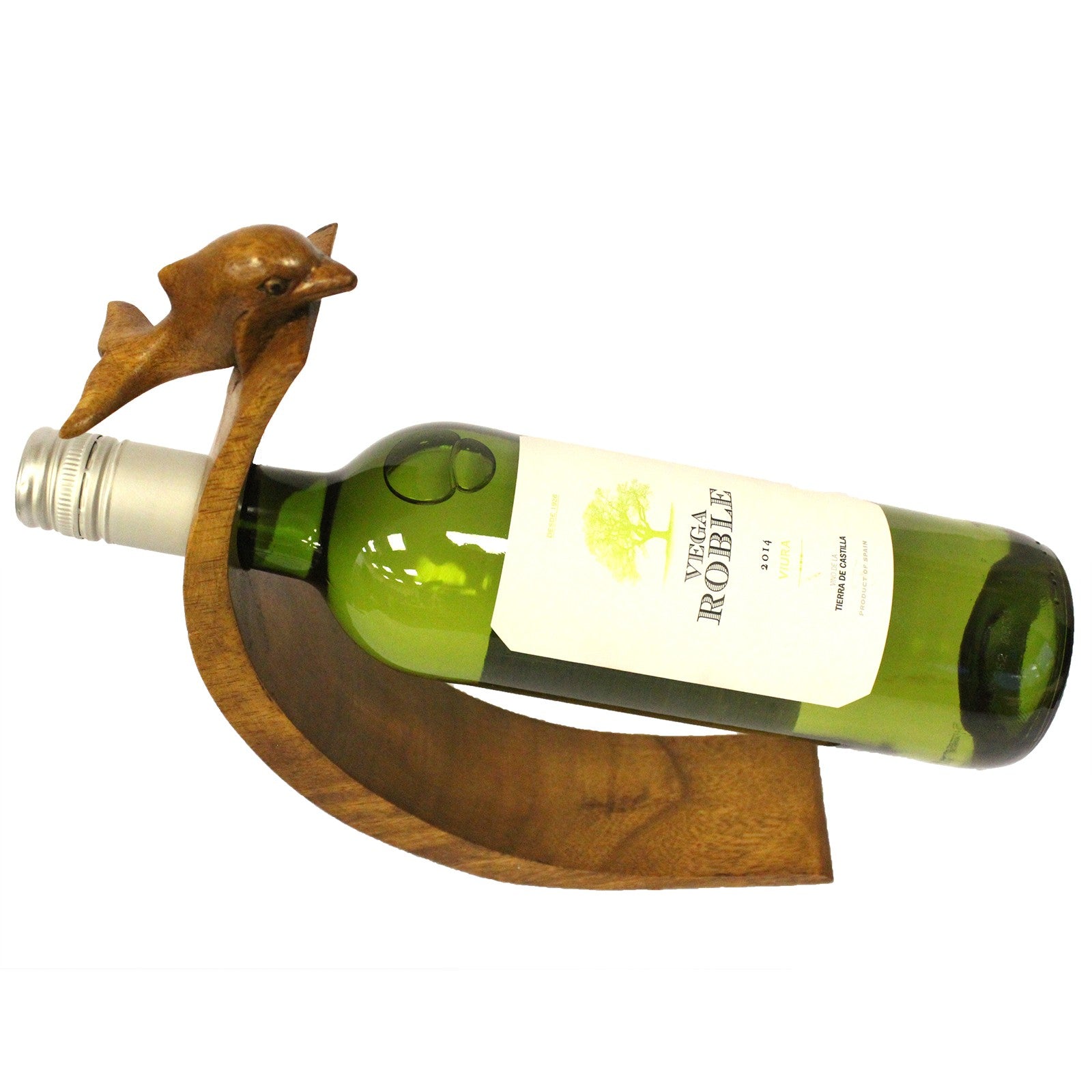 Hand-carved wooden Dolphin balance wine holder with wine bottle on curved base top view