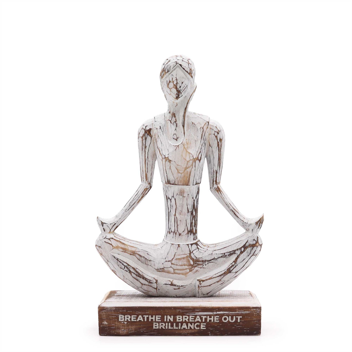 Hand-carved wooden sculpture of a woman in Easy Pose yoga posture, shown from an angled front view for calm and mindful interior decor.