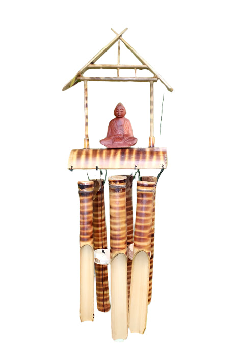 Handcrafted bamboo wind chime with Buddha statue on white background for product display