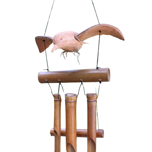 Handcrafted blackbird wind chime made from coconut and bamboo, eco-friendly garden decor shown on white background
