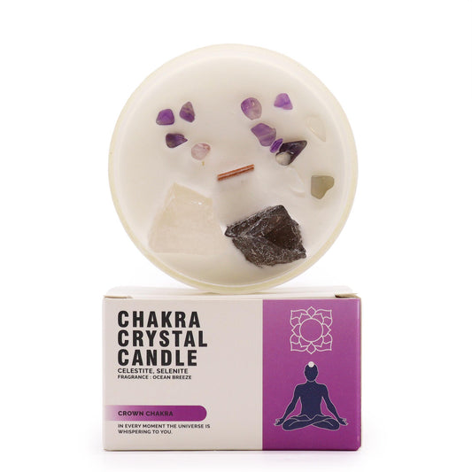 Crown Chakra Candle with Celestite and Selenite for Spiritual Connection, Clarity, and Enlightenment