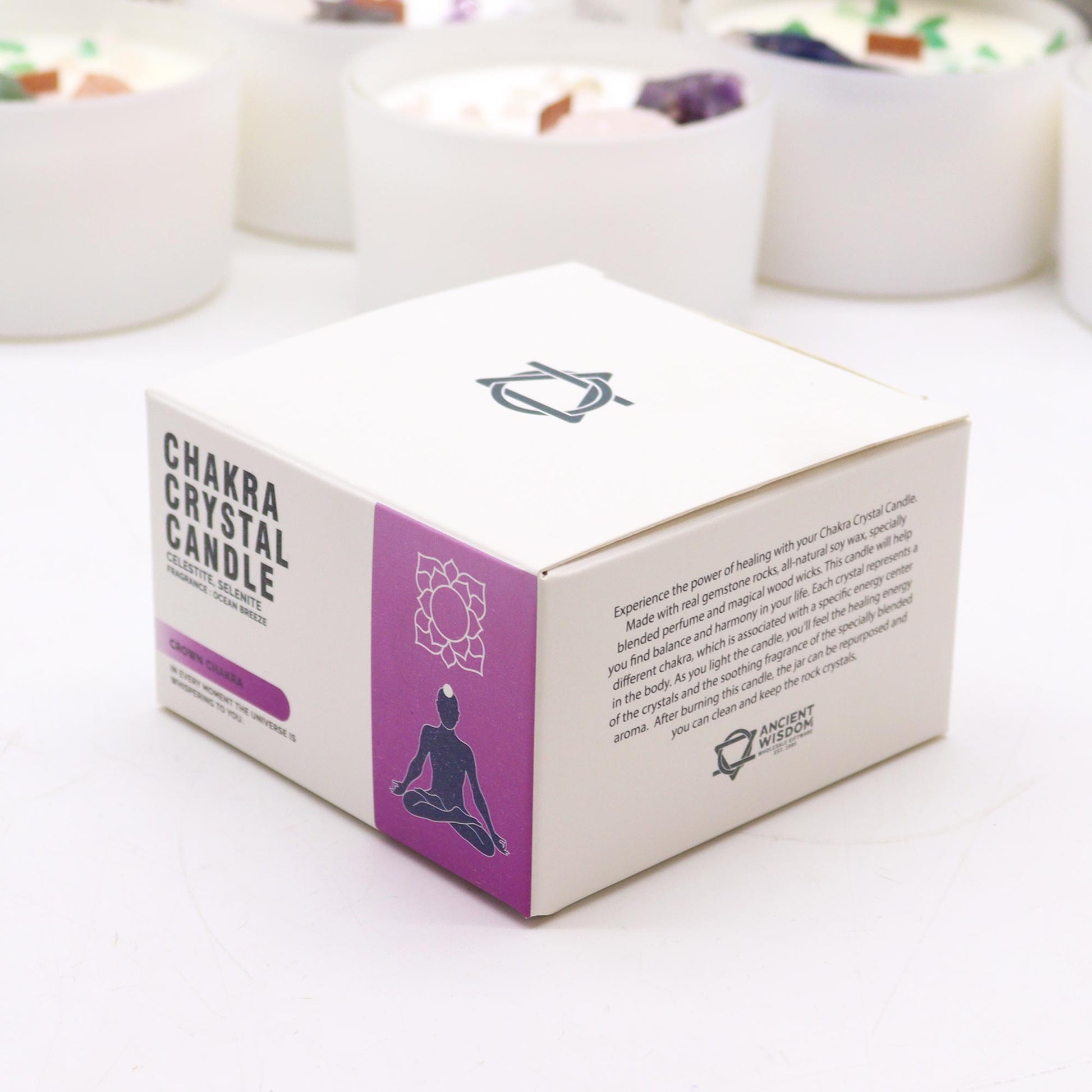 Product label of Crown Chakra Candle for spiritual awakening and Sahasrara energy work