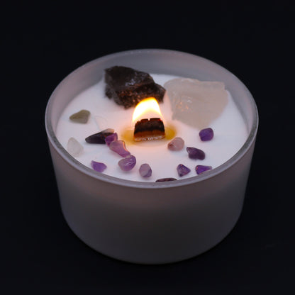 Lit Crown Chakra Candle with Ocean Breeze scent for divine meditation and higher consciousness rituals