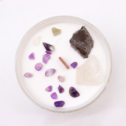 Top view of Crown Chakra Candle showing embedded Celestite and Selenite in soy wax
