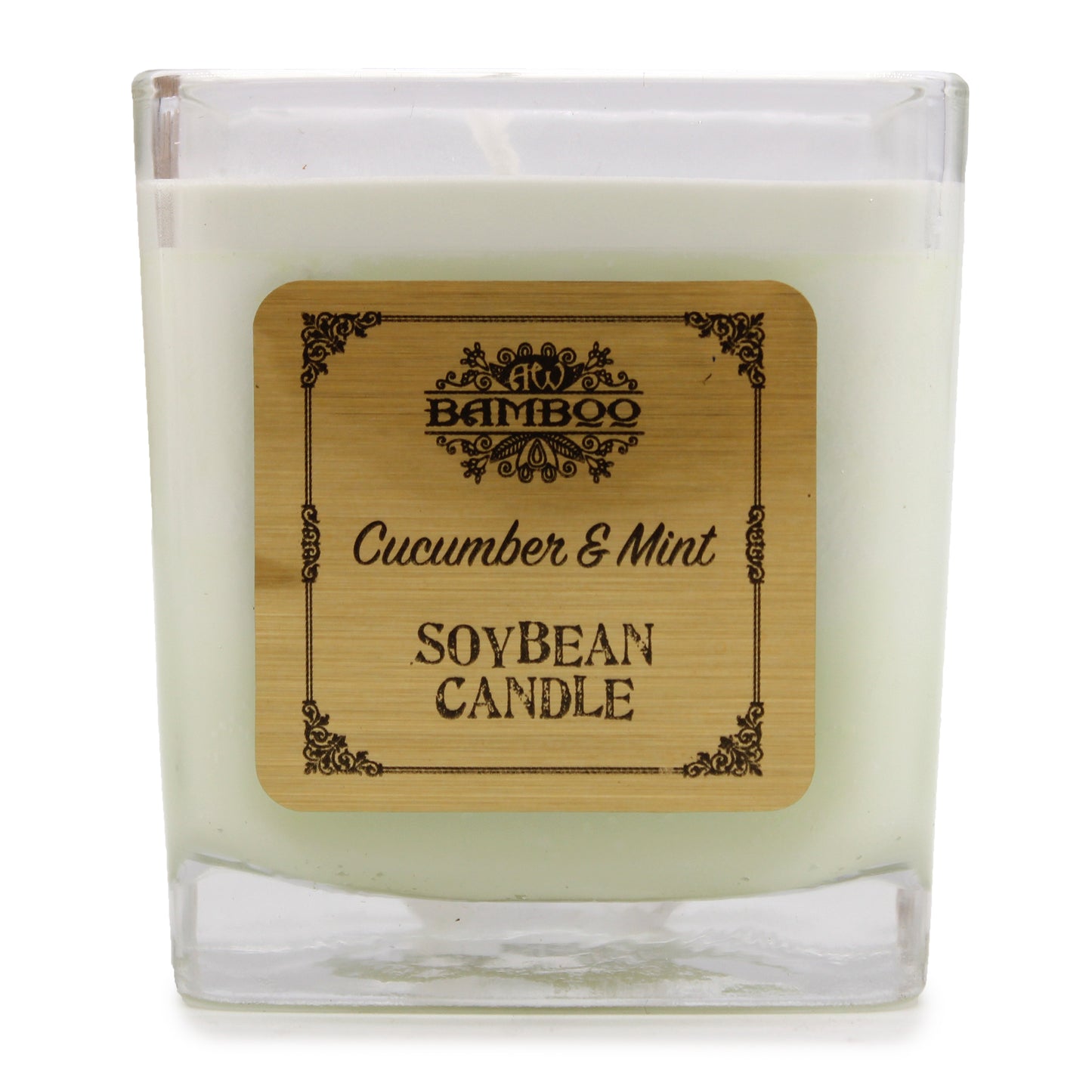 Cucumber & Mint candle with refreshing spa-inspired fragrance—made from 100% soy wax in a recycled glass jar