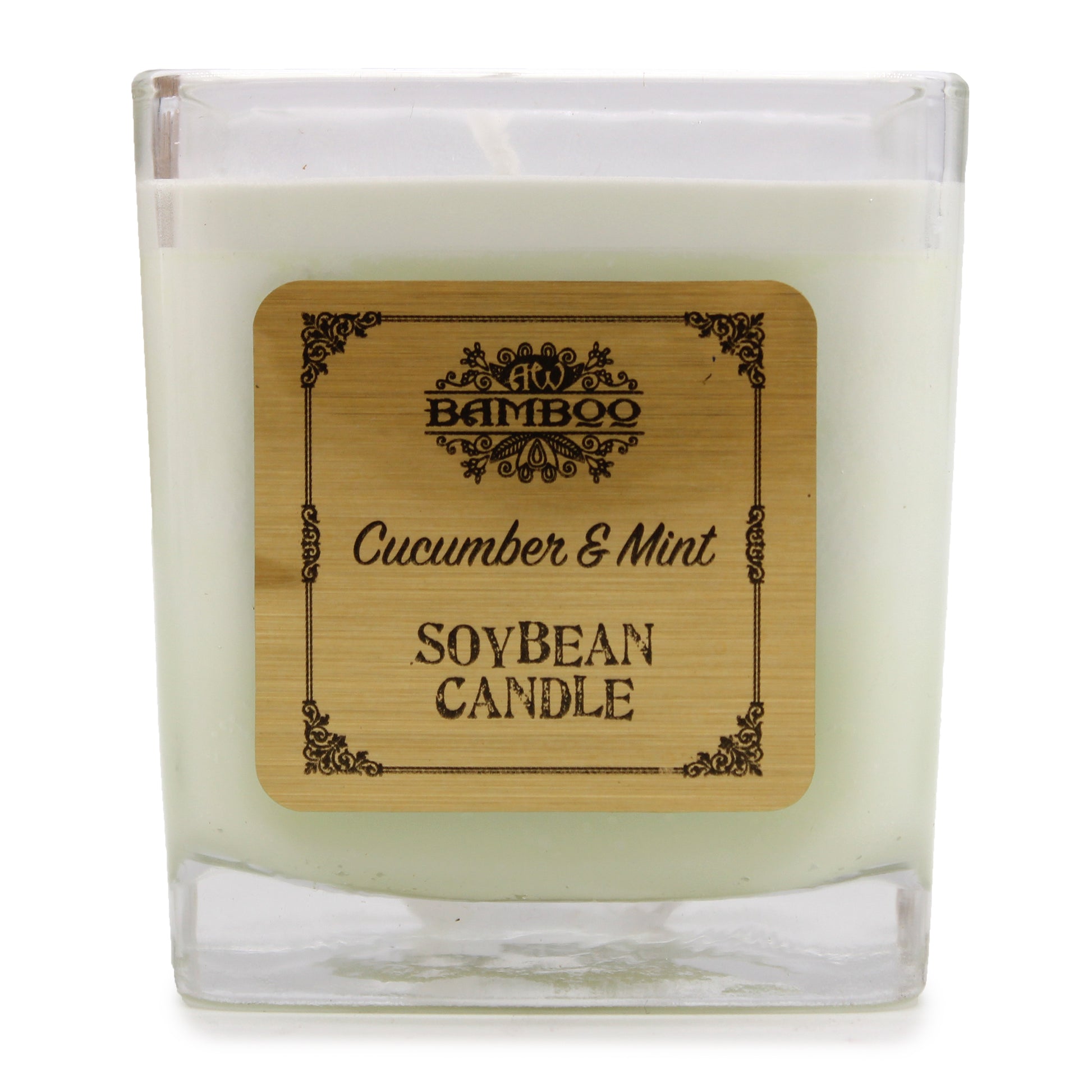Cucumber & Mint candle with refreshing spa-inspired fragrance—made from 100% soy wax in a recycled glass jar