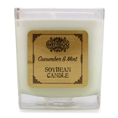 Cucumber & Mint candle with refreshing spa-inspired fragrance—made from 100% soy wax in a recycled glass jar