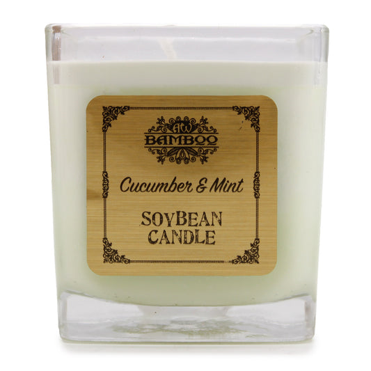 Cucumber & Mint candle with refreshing spa-inspired fragrance—made from 100% soy wax in a recycled glass jar