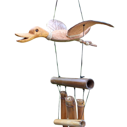 Eco-friendly duck wind chime made from coconut and bamboo, full view on white background showing handcrafted animal design
