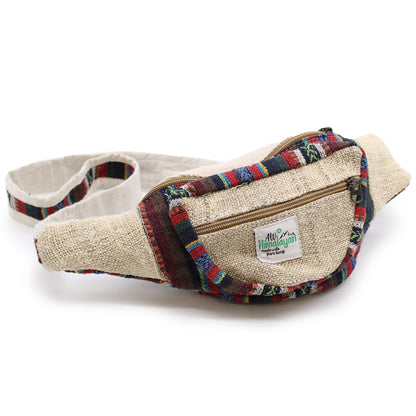 Side view of eco-friendly hemp bum bag with zip pockets and ethical woven trim from Nepal