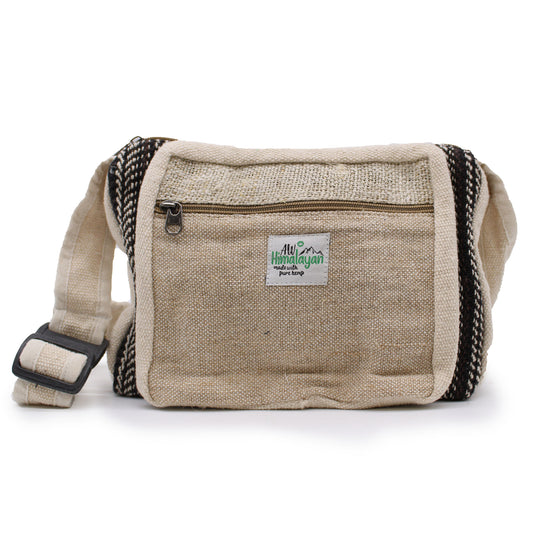 Front view of handmade hemp and cotton messenger bag with black woven strap, eco-friendly and durable everyday shoulder bag