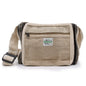 Front view of handmade hemp and cotton messenger bag with black woven strap, eco-friendly and durable everyday shoulder bag