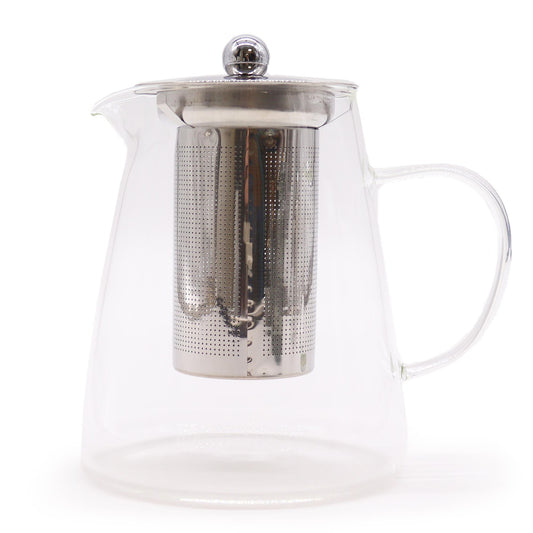 Clear glass infuser teapot with stainless steel filter and rounded flask shape, ideal for loose leaf tea brewing