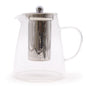 Clear glass infuser teapot with stainless steel filter and rounded flask shape, ideal for loose leaf tea brewing