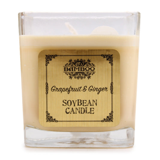 Grapefruit & Ginger candle with vibrant citrus and spice aroma—made from 100% soy wax in a recycled glass jar