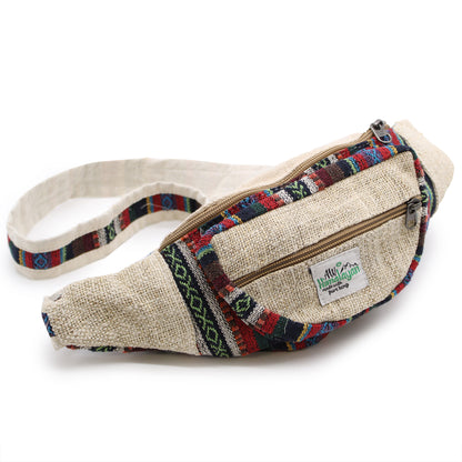 Handmade hemp and cotton waist bag with vibrant woven patterns, ideal for travel and festivals
