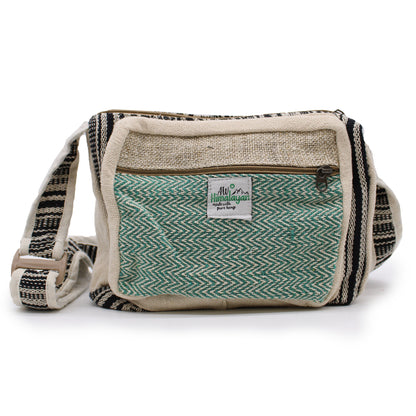 Handmade hemp messenger bag with green chevron design and black striped strap, eco-friendly crossbody bag from Nepal