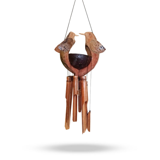 Handcrafted bamboo wind chime with husband and wife bird design, floating view on white background
