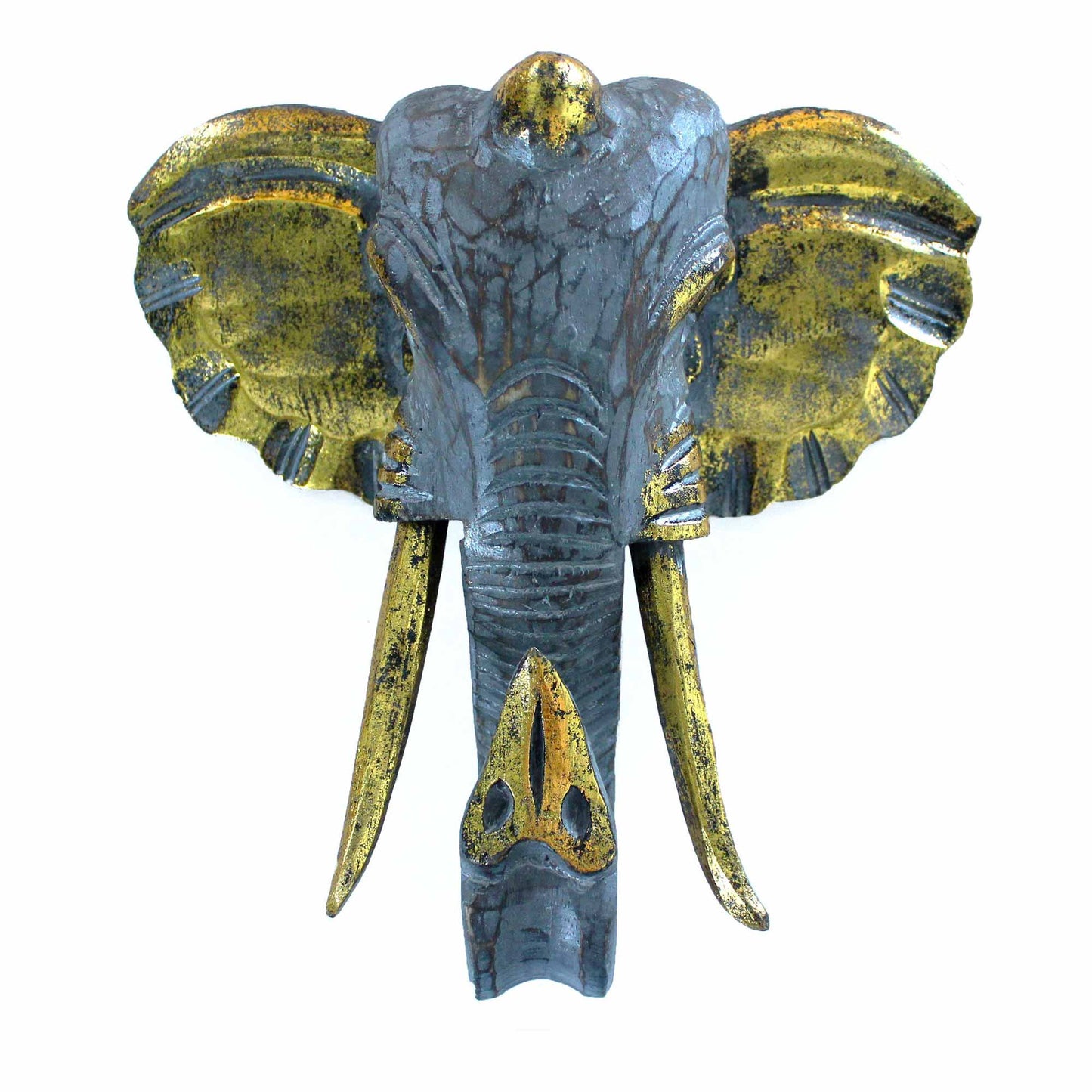 Hand-carved gold and grey elephant head wall art made from Indonesian albasia wood