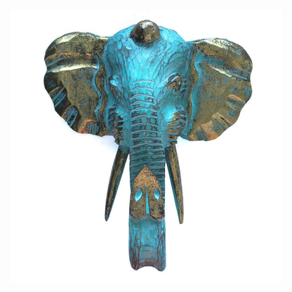Front view of gold and turquoise elephant head wall sculpture carved from albasia wood