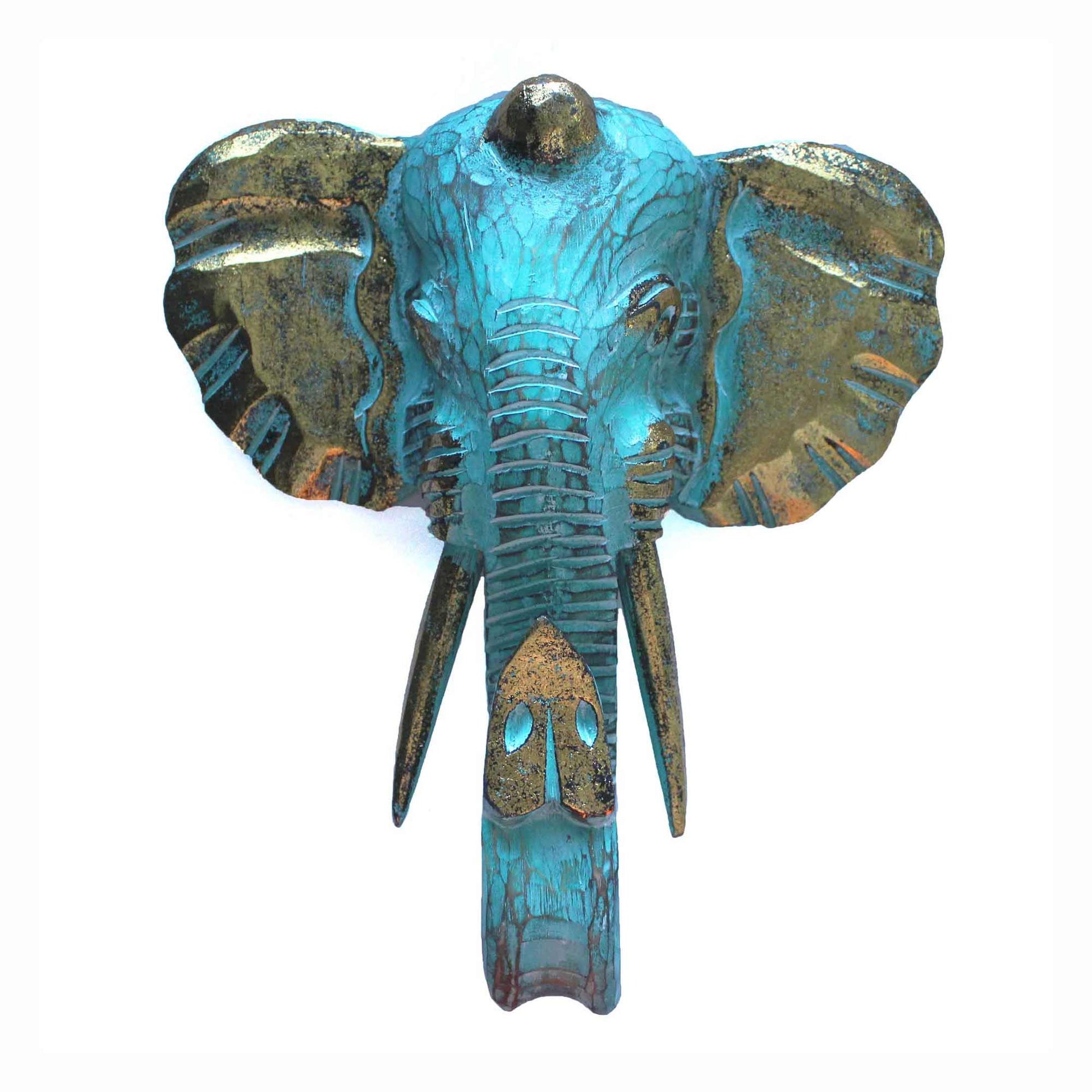 Front view of gold and turquoise elephant head wall sculpture carved from albasia wood