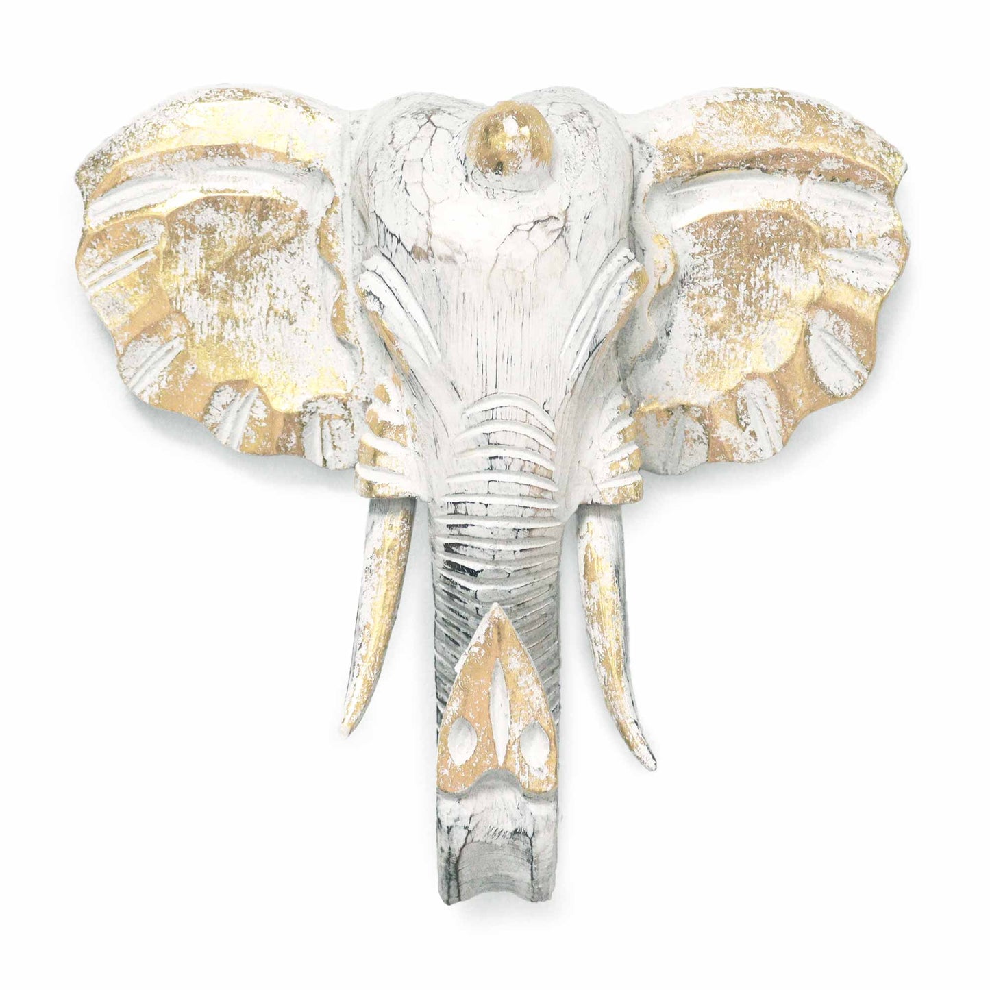 Front view of gold and whitewash elephant head wall decor, hand-carved from albasia wood