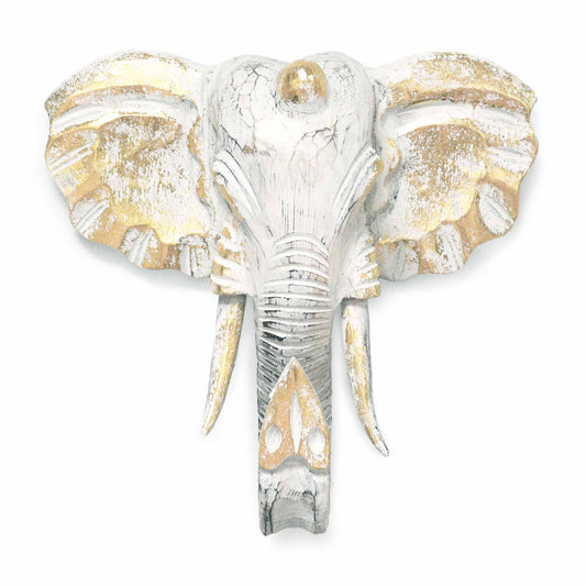Front view of gold and whitewash elephant head wall decor, hand-carved from albasia wood