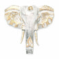 Front view of gold and whitewash elephant head wall decor, hand-carved from albasia wood