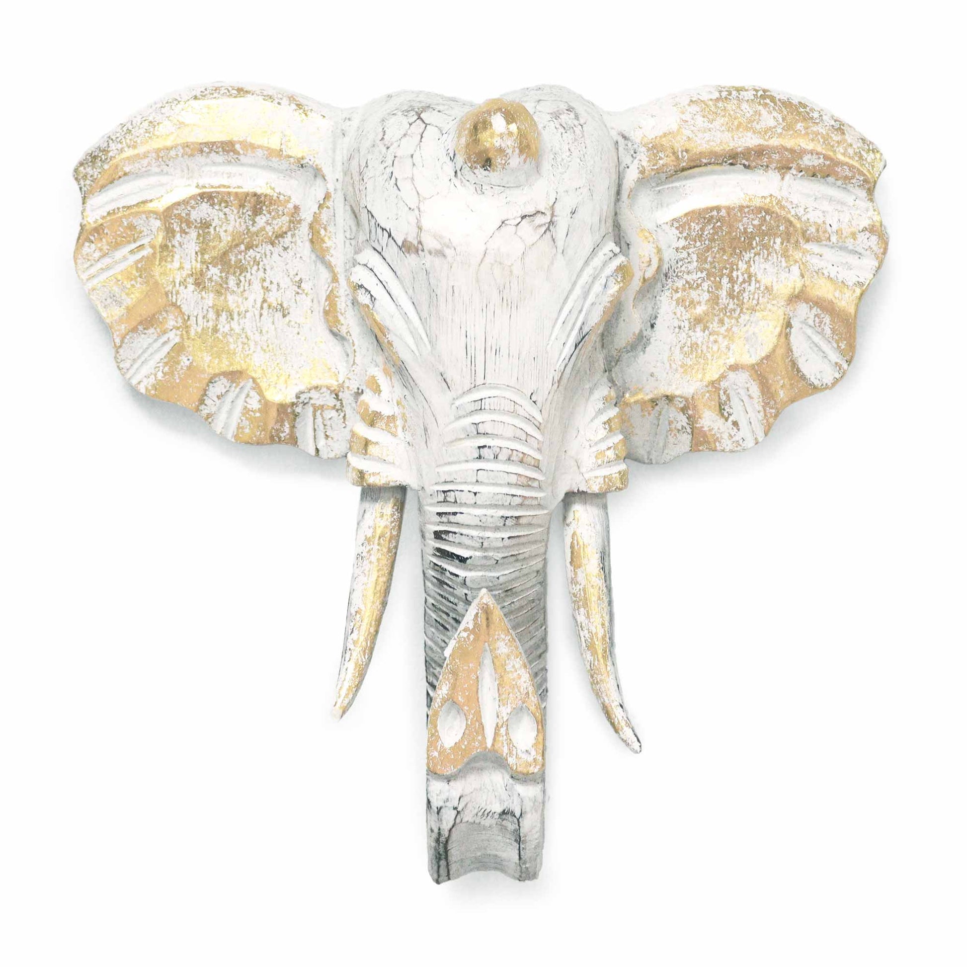 Front view of gold and whitewash elephant head wall decor, hand-carved from albasia wood