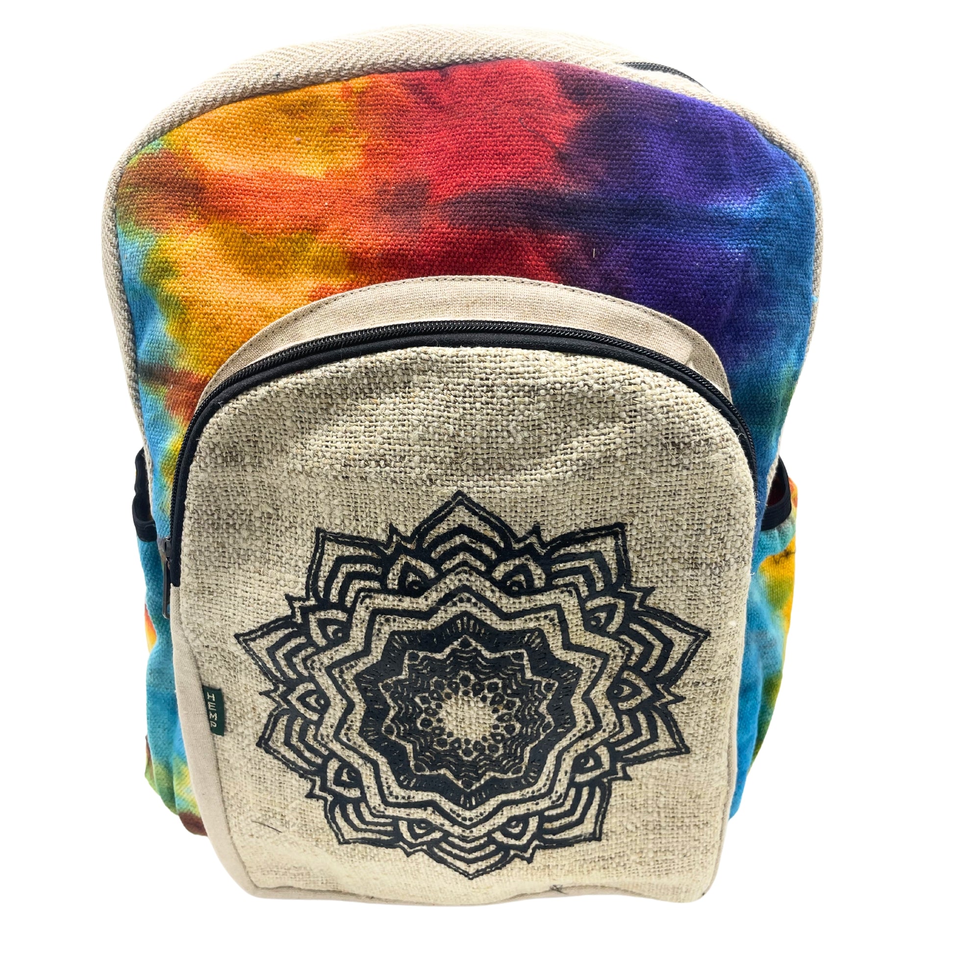Large tie-dye chakra backpack with black mandala artwork and front zip pocket, ideal for travel or festivals