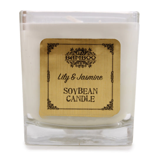 Lily & Jasmine candle with delicate floral scent—crafted from 100% soy wax in a sustainable recycled glass jar