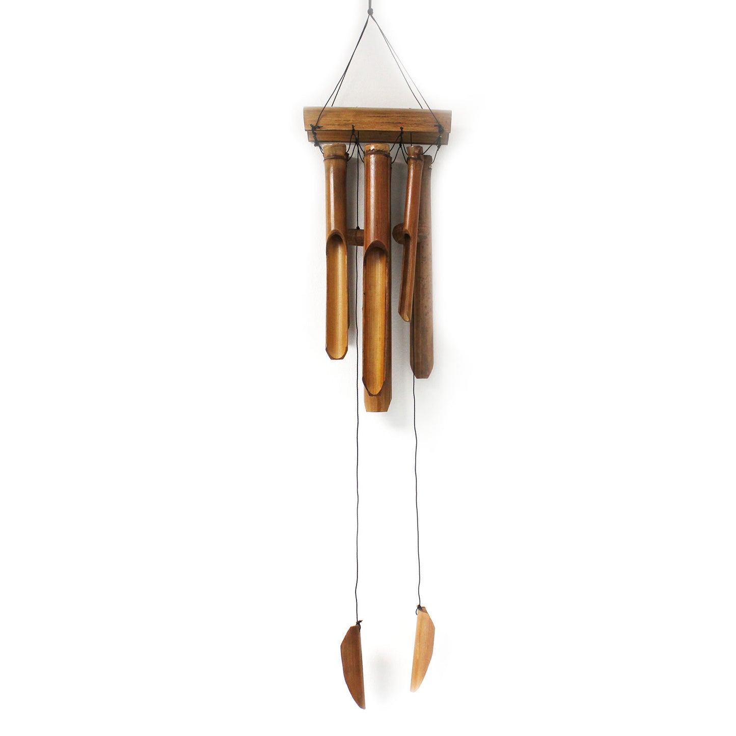 Natural bamboo wind chime with 6 large tubes hanging on white background, handcrafted in Indonesia