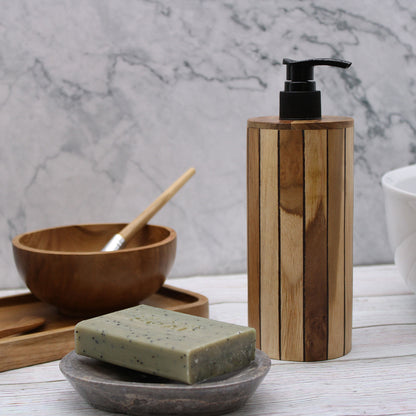 Round Teakwood Soap Dispenser – Minimalist Wooden Bathroom Accessory for Plastic-Free Living