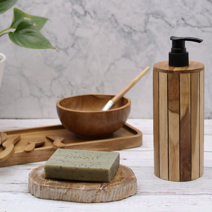 Round Teakwood Soap Dispenser – Minimalist Wooden Bathroom Accessory for Plastic-Free Living