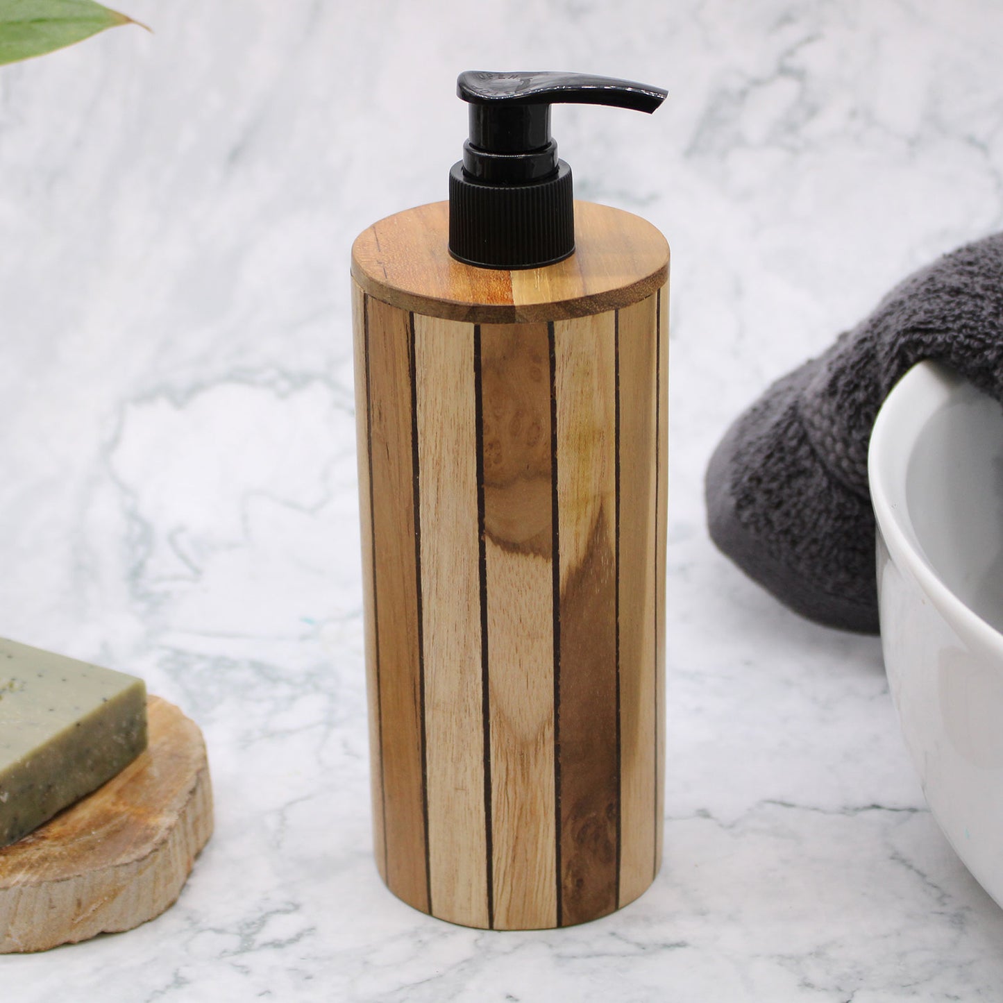 Round Teakwood Soap Dispenser – Minimalist Wooden Bathroom Accessory for Plastic-Free Living