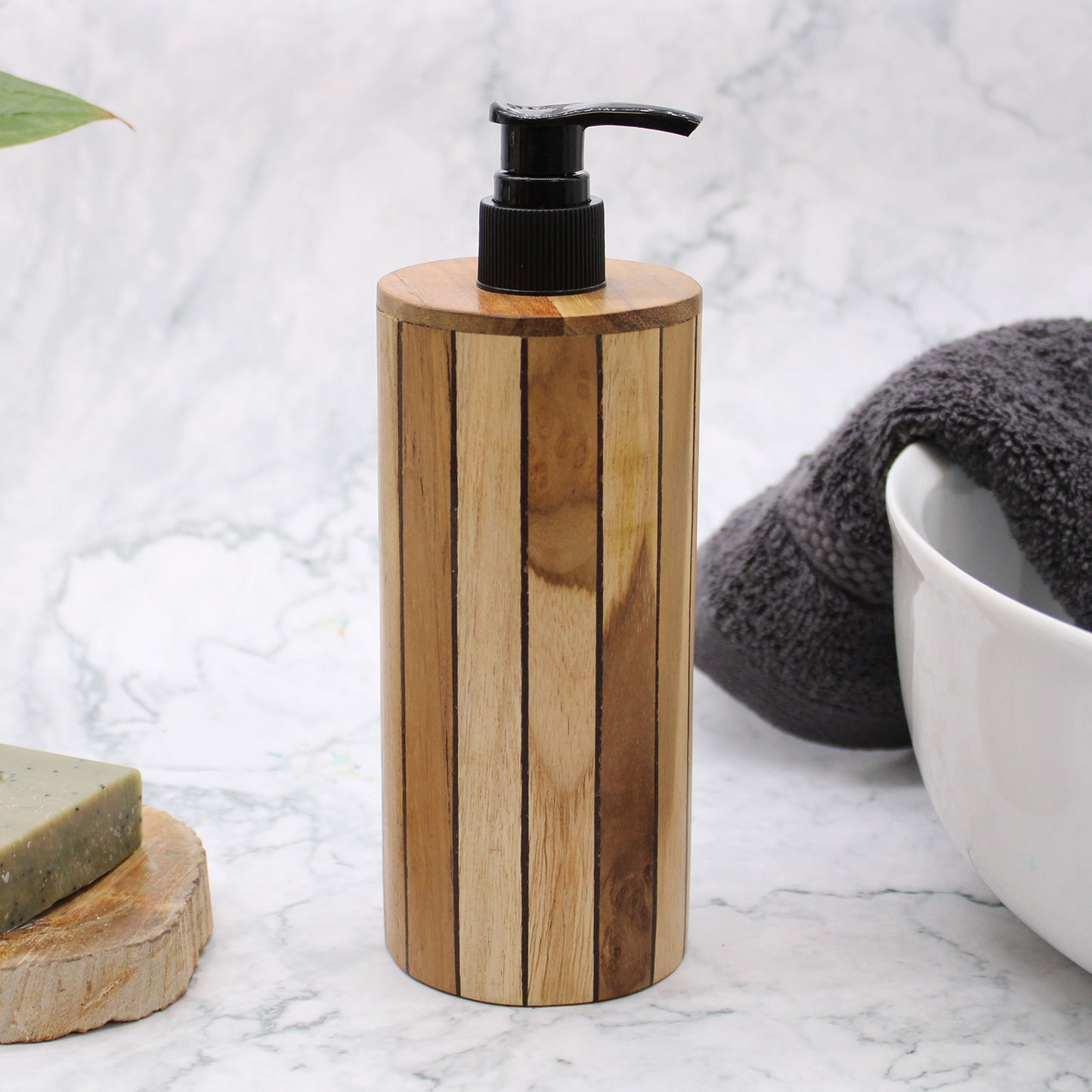 Round Teakwood Soap Dispenser – Minimalist Wooden Bathroom Accessory for Plastic-Free Living