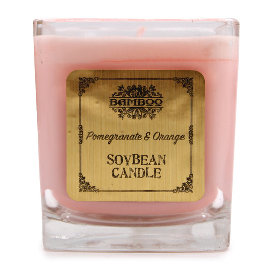 Pomegranate & Orange candle with fruity, uplifting scent—hand-poured soy wax in a chunky recycled glass jar